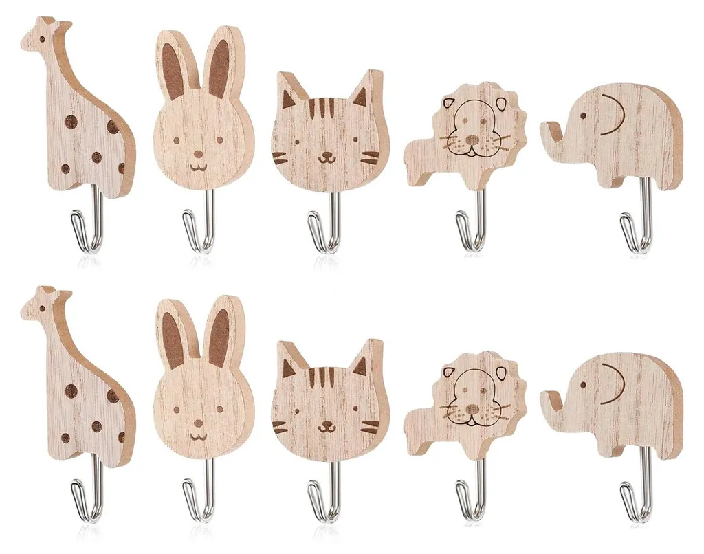 Patères pour Sacs et Clés - 10 Crochets en Bois Design Dessin Animé