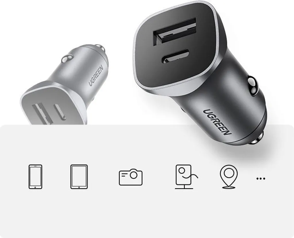 Ugreen 30780 Caricabatterie Auto 24W USB-C PD e USB-A QC 3.0 Grigio - 28