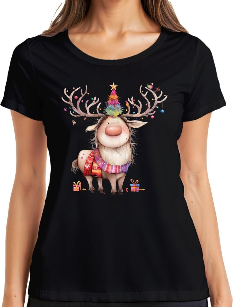 Weihnachtsrentier niedlich buntes Geweih Weihnachtsbaum Geschenk Damen T-Shirt, Schwarz, M