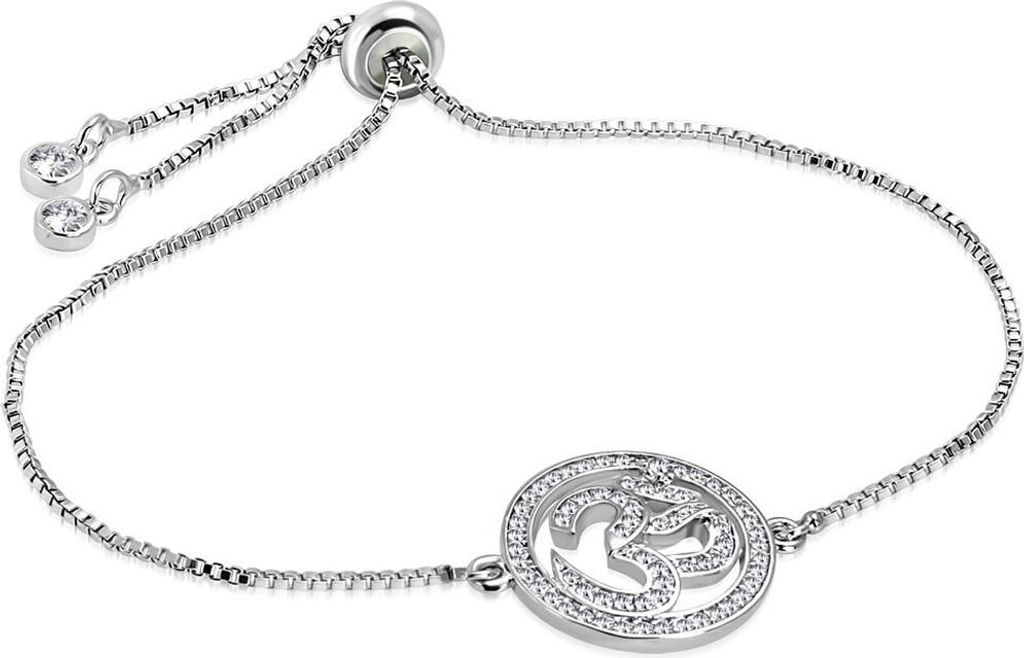 Damen Edelstahl Armband Armkette Om-Symbol Hinduismus Venezianerkette Zirkonia Kristalle Autiga silber