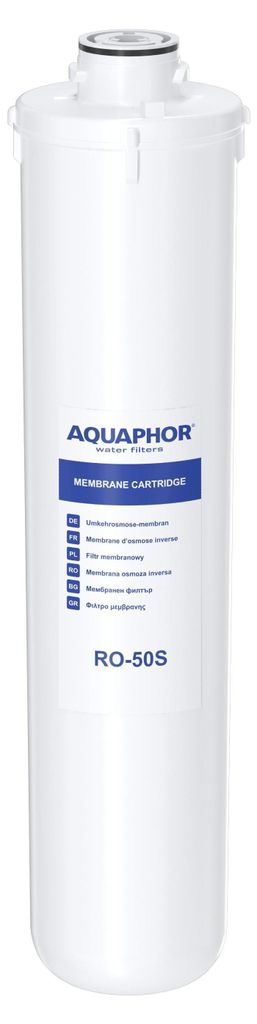 A white water filter cartridge with blue text and a blue band.