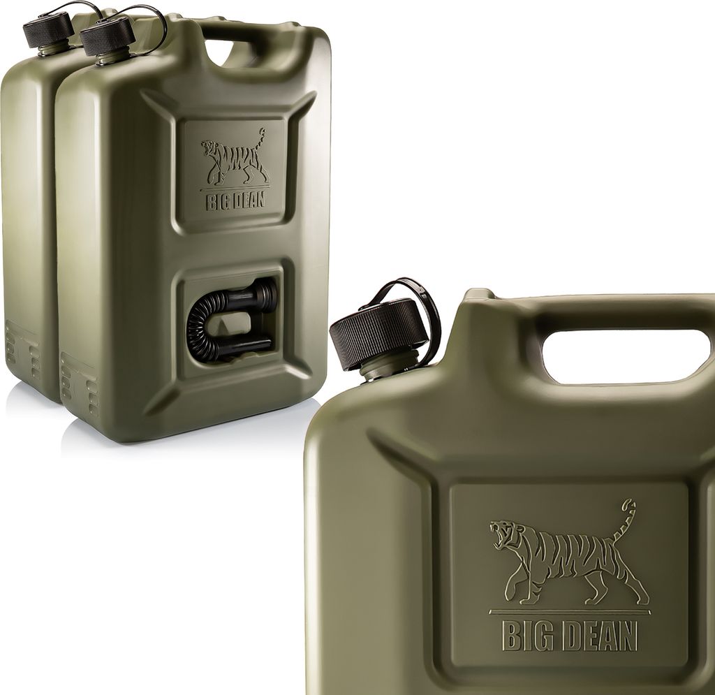 BigDean 2 Stück Benzinkanister 20L in Olivgrün mit flexiblem Ausgießer - Kraftstoffkanister für Benzin & Diesel - Kanister - Germany