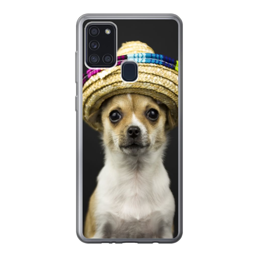 MuchoWow Handyhülle Schutzhülle Hülle für Samsung Galaxy A21s Hund - Sombrero - Schwarz Silikon Softcase Handy Hülle - Hartschale