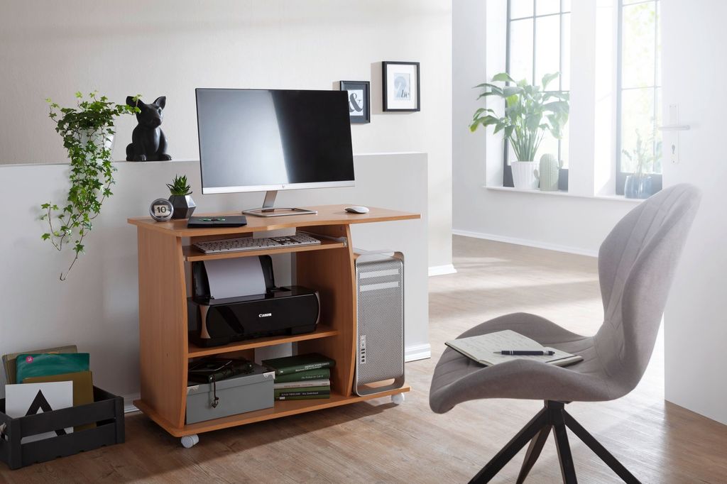 Computertisch GRASSE rollbar Weiß 90 x 71 x 50 cm mit Tastaturauszug, Laptop Tisch auf feststellbaren Rollen, PC-Tisch mit Drucker-Ablage platzspa...