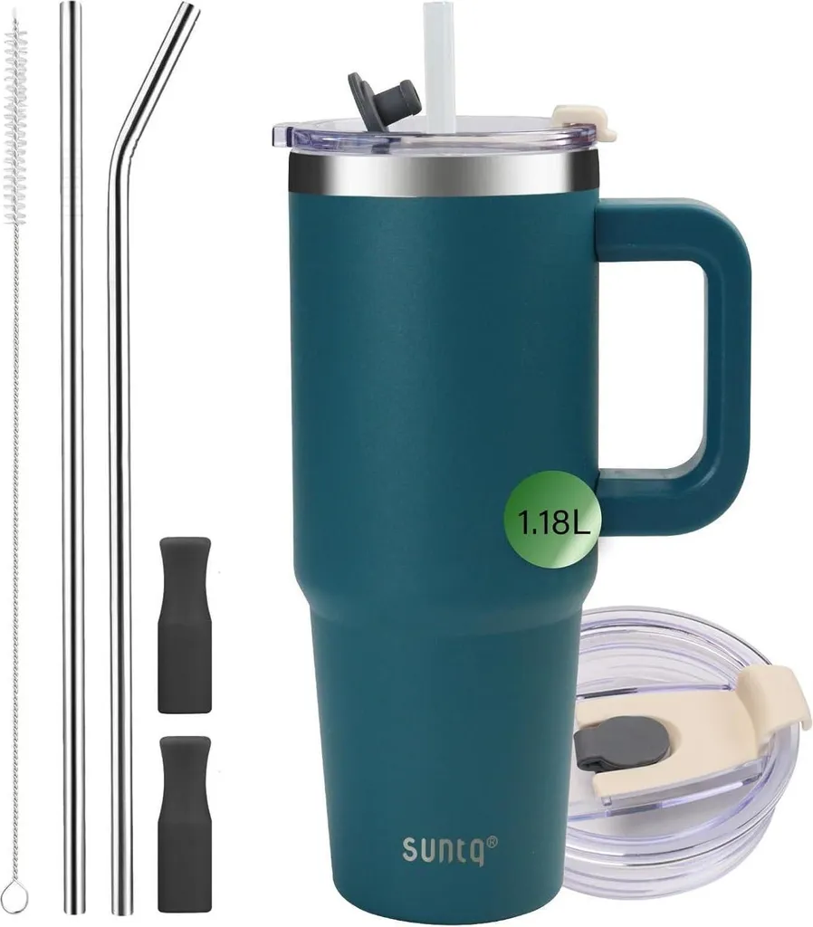 SUNTQ bottiglia d'acqua isolata sottovuoto da 40 oz con cannuccia e coperchio, tumbler in acciaio inox