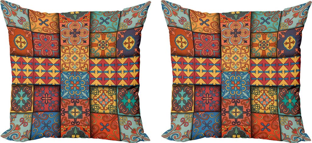 ABAKUHAUS Talavera Kissenbezug Set (2Stück), Bunte Maßblick Tile Squares Illustration in Ethnic Azulejo Stil, 40 x 40 cm, Mehrfarbig