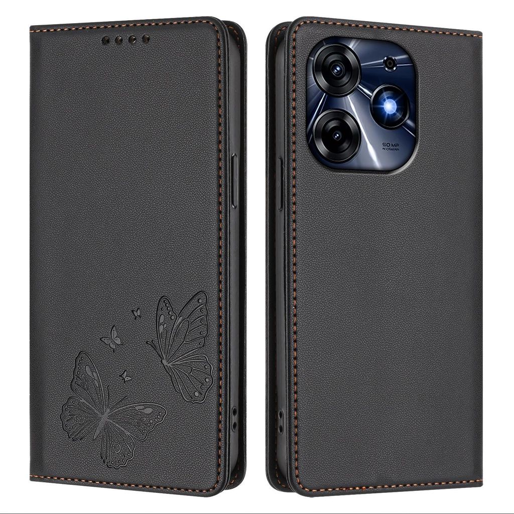 Lederhülle für Tecno Spark 10 Pro, Schmetterling Prägung Leder Brieftasche Schutzhülle mit Ständer Schwarz