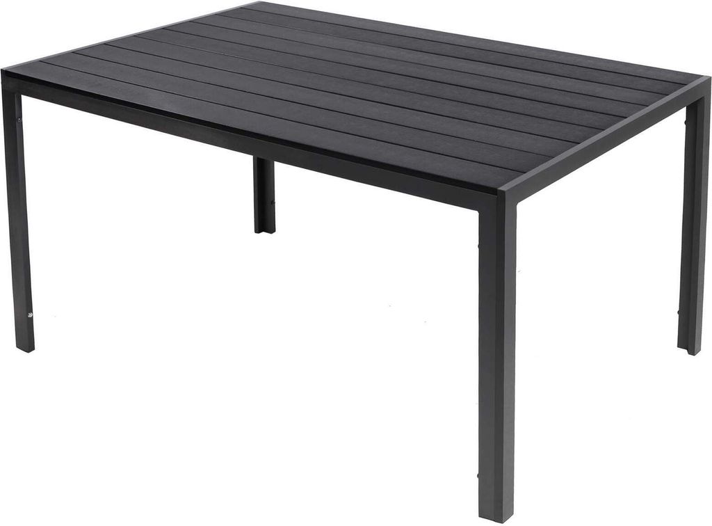 A dark gray rectangular outdoor table with a slatted top and aluminum frame, shown from a slightly elevated side angle against a white background.