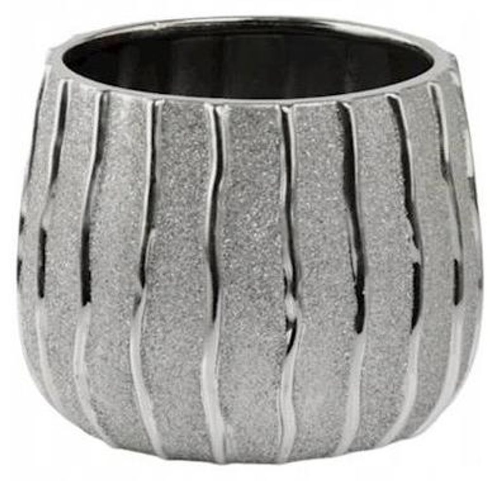 Runder Keramik Blumentopf Silber 16 cm, glänzend mit Glitter, glasiert, modern gestreift