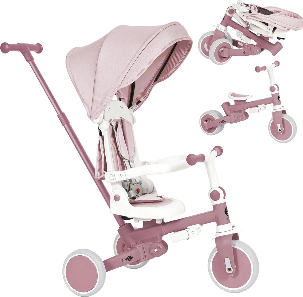 Tricycle Évolutif Rose pour Promenades Bébé et Apprentissage du Vélo 1-5 Ans