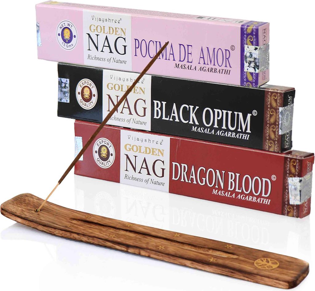Räucherstäbchen Set – Dragon Blood, Black Opium & Amor + Halter