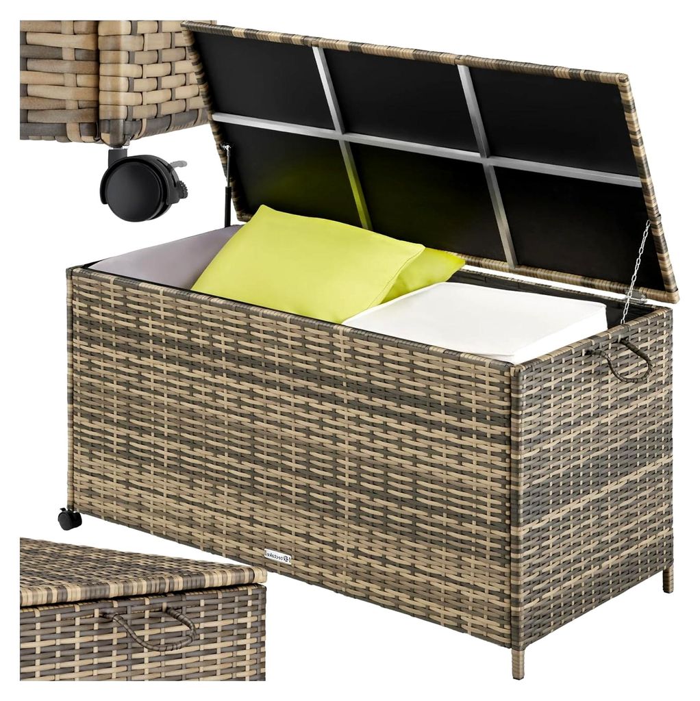 Poly Rattan Gartenbox wetterfest, Auflagenbox mit Deckel, rollbar, Aufbewahrungsbox für Garten, Terrasse und Balkon, 117 x 54 x 64 cm, 297l - natur