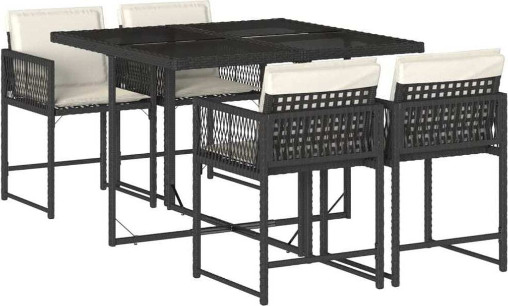 5-tlg. Garten-Essgruppe mit Kissen Schwarz Poly Rattan
