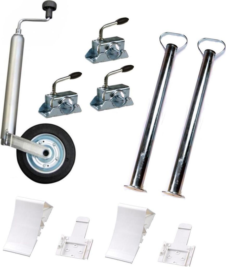 PKW Anhänger Zubehör Set: Stützrad, Stützen 700 mm, Klemmhalter, Unterlegkeile mit Halter (weiß)