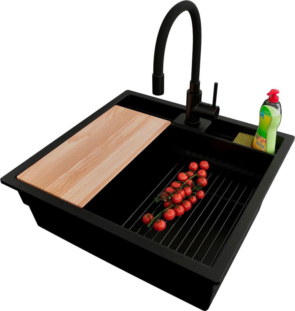 PRIMAGRAN Unterbauspüle Granit Alles Schwarz 56x54cm, Spülbecken 1 Becken + Ablauf-Set + Küchenzubehörset, Granitspüle ab 60er Unterschrank - ...