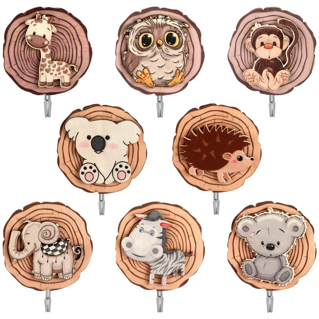 Lot de 8 Patères Animaux en Bois Autocollantes pour Chambre d'Enfant (B)