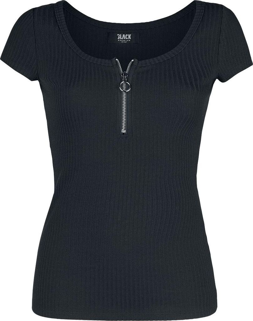 Black Premium by EMP Damen schwarzes T-Shirt aus feinem Ripp-Stoff mit Rundhalsausschnitt und Reißverschluss-Detail 3XL