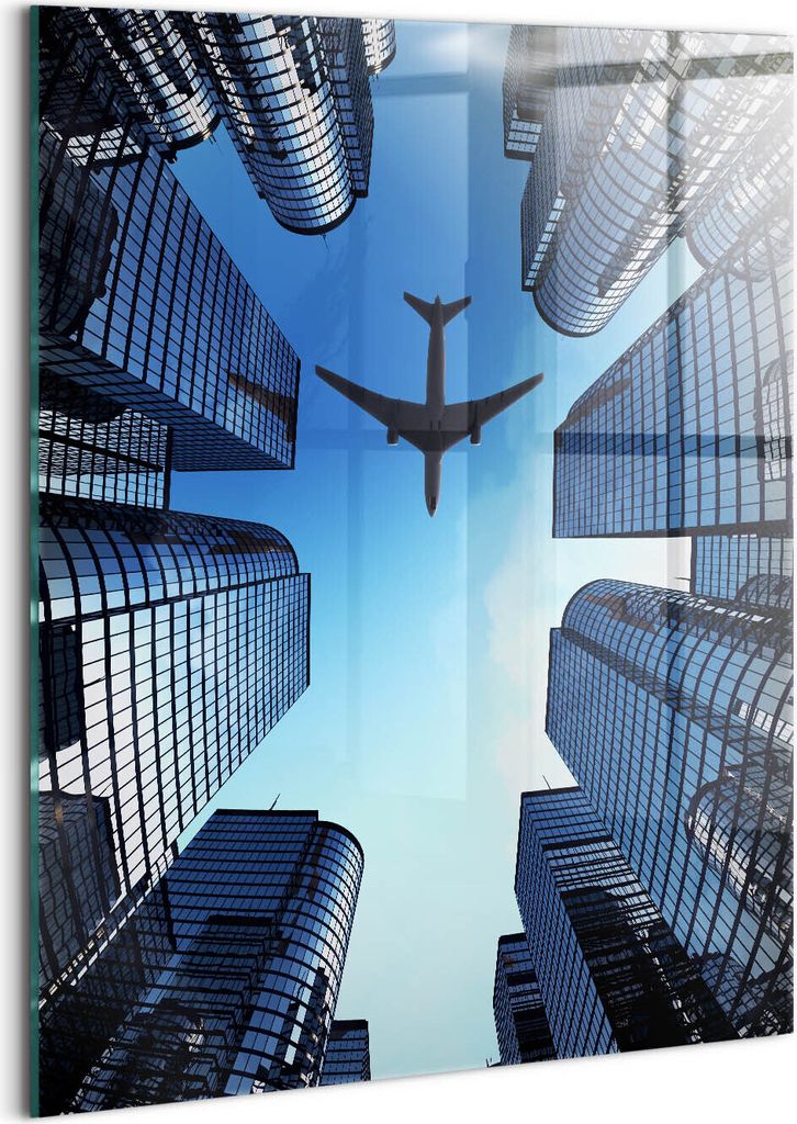 Designer Glasbild - Wandbild - Glas Bild - 60x80 cm - Flugzeug Über Gebäuden