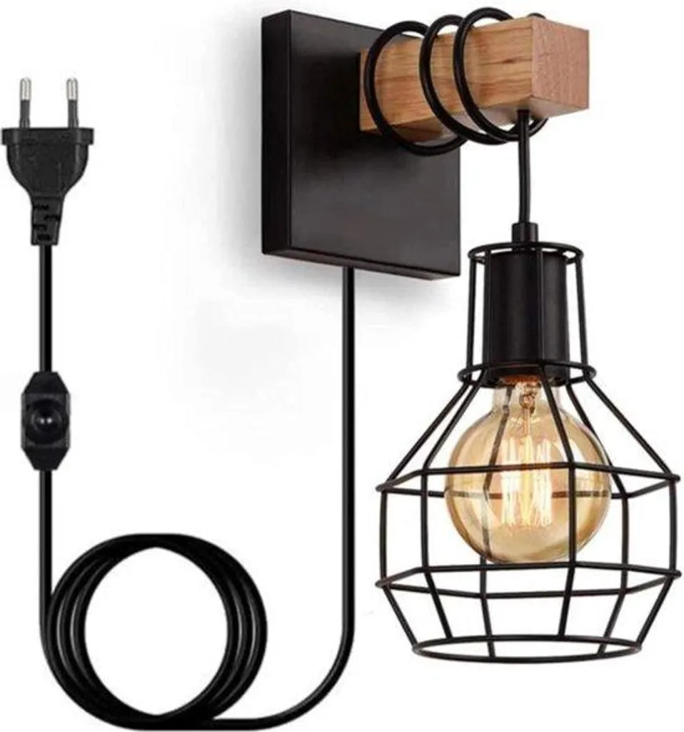 Luminaire de chevet industriel noir et bois pour chambre et salon LED