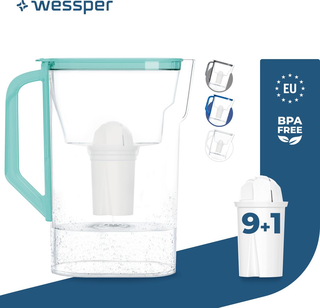 Wessper D3 Slim Aquaclassic 2.7L mint Kühlschrank-Filterkanne Kompatibel mit Brita- und Aquaphor-Filtern + 10x Aquaclassic Filterpatrone