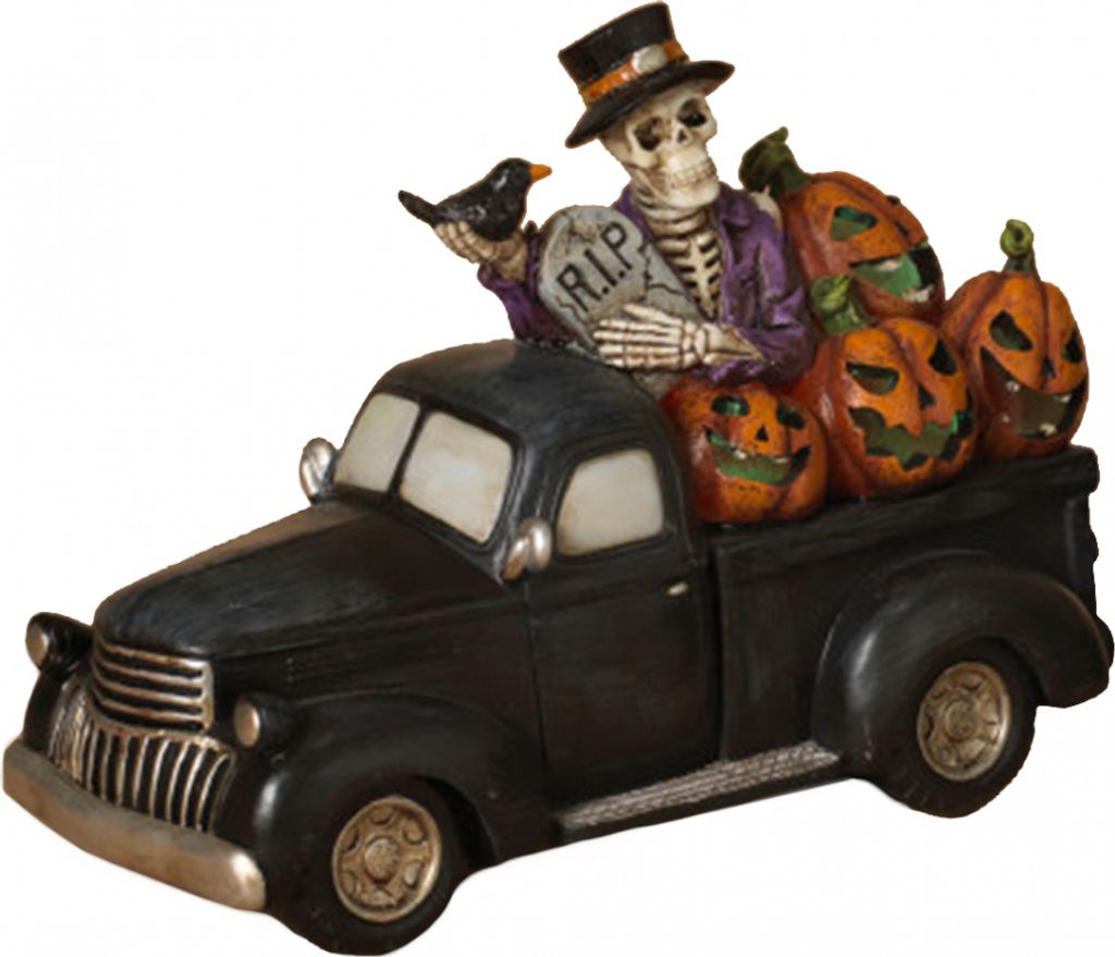 Leuchtender Halloween Pick Up mit Skelett aus Kunststein Produktbild 