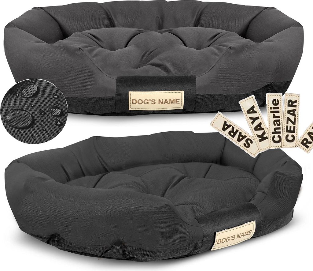 Two dog beds are shown, one above the other, with a close-up of water droplets on fabric and personalized name tags.