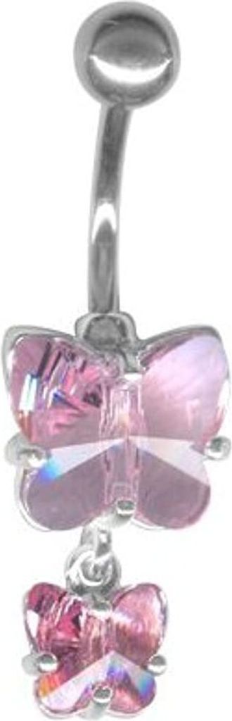 Bauchnabel Silber Piercing 2 Schmetterling Mit Kristall Elements - Rosa