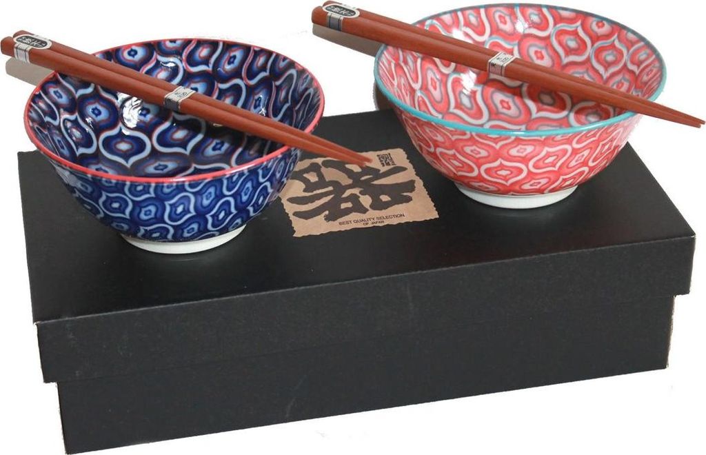 75 Japanische Reisschalen 2 er Set blau lachsrot mit Bambus Essstäbchen AB