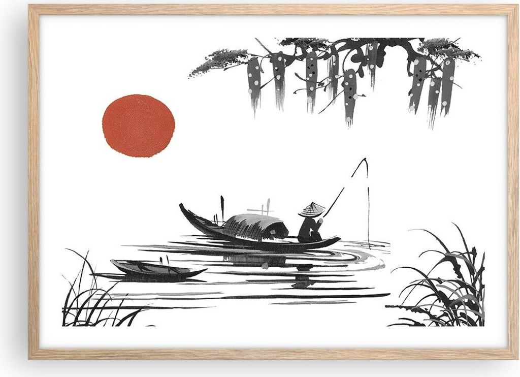 Gerahmtes Poster - Rahmen in heller Eiche - China Angler Zeichnen - 70x50 cm - Wand Bild - Wanddeko - Wandbilder - Wandposter - Bilderrahmen - Bild...