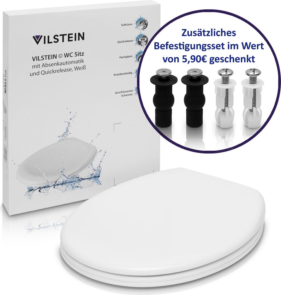 VILSTEIN WC-Sitz mit Absenkautomatik I Edelstahl Befestigung I Duroplast I Hochglanz Weiß
