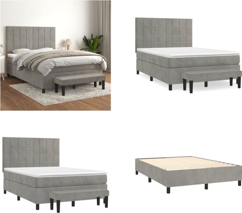 vidaXL Boxspringbett mit Matratze Hellgrau 140x200 cm Samt - Boxspringbett - Boxspringbetten - Bett - Schlafzimmermöbel