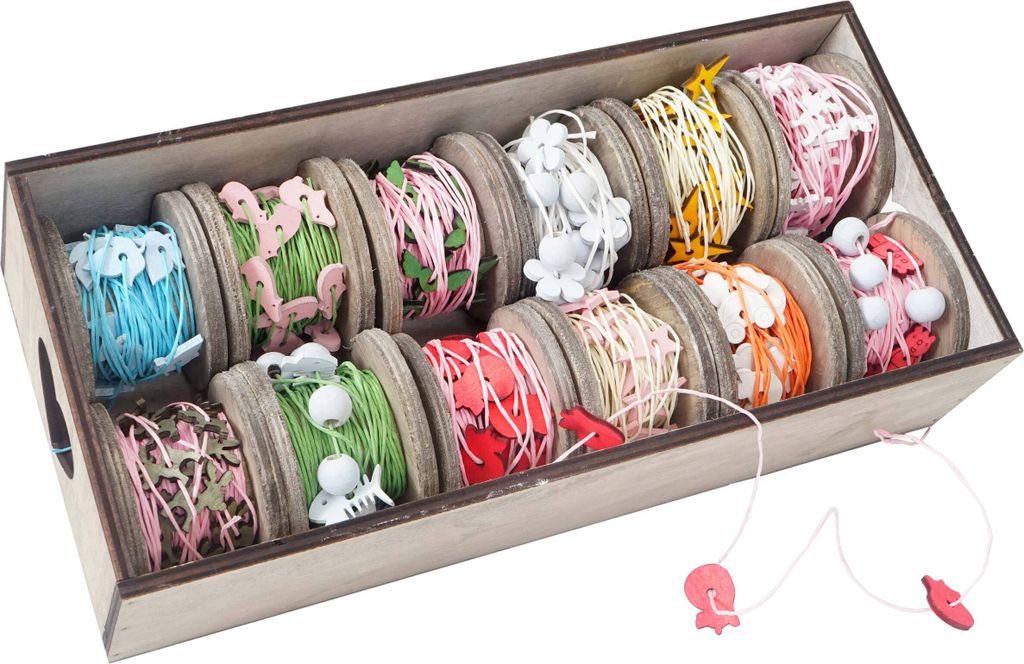 Bänderbox Schnur, Geschenkband Deko-Band Deko-Box Holzmotiv, 12 Rollen je 7,5m