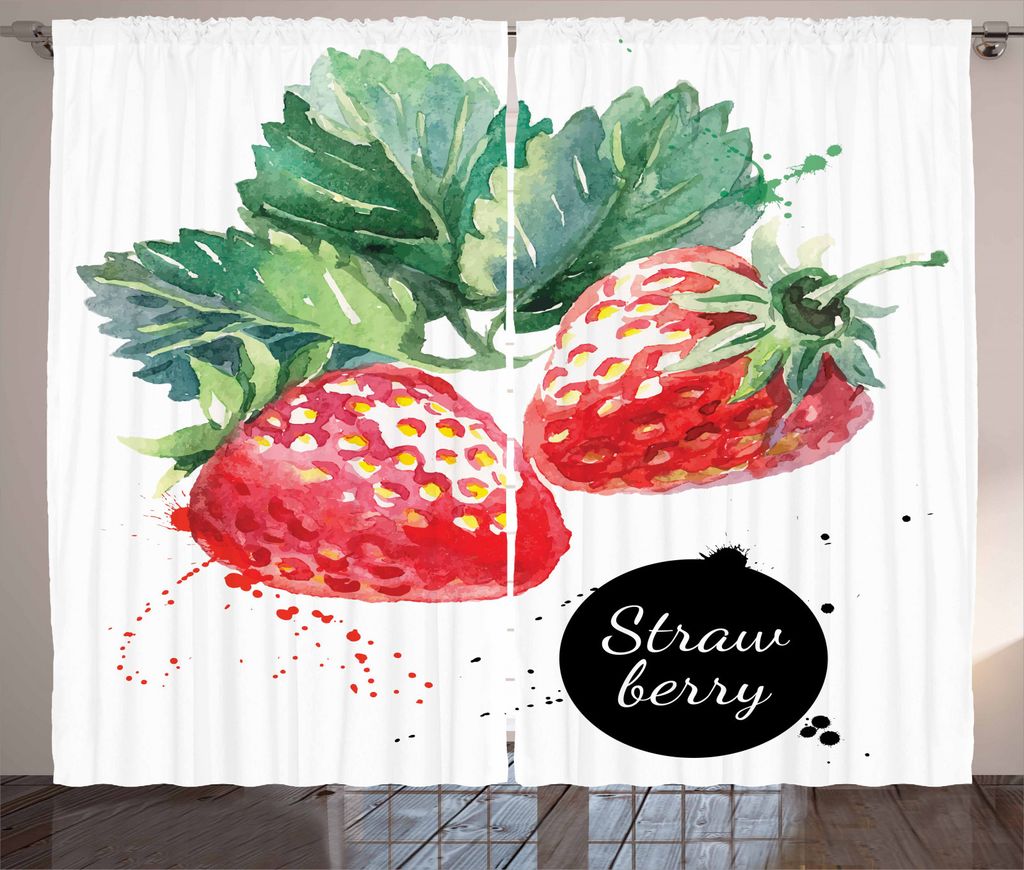 ABAKUHAUS Aquarell Rustikaler Vorhang, appetitlich Erdbeeren, Wohnzimmer Universalband Gardinen mit Schlaufen und Haken, 280 x 245 cm, Farngrün Rot