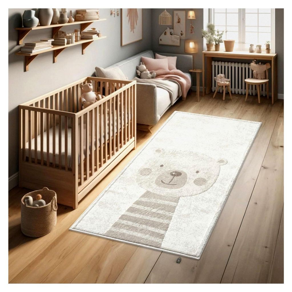 Teppich für das Kinderzimmer - 80x150cm - Pastell Beige Creme - Kurzflor Spielteppich mit Bär Motiv