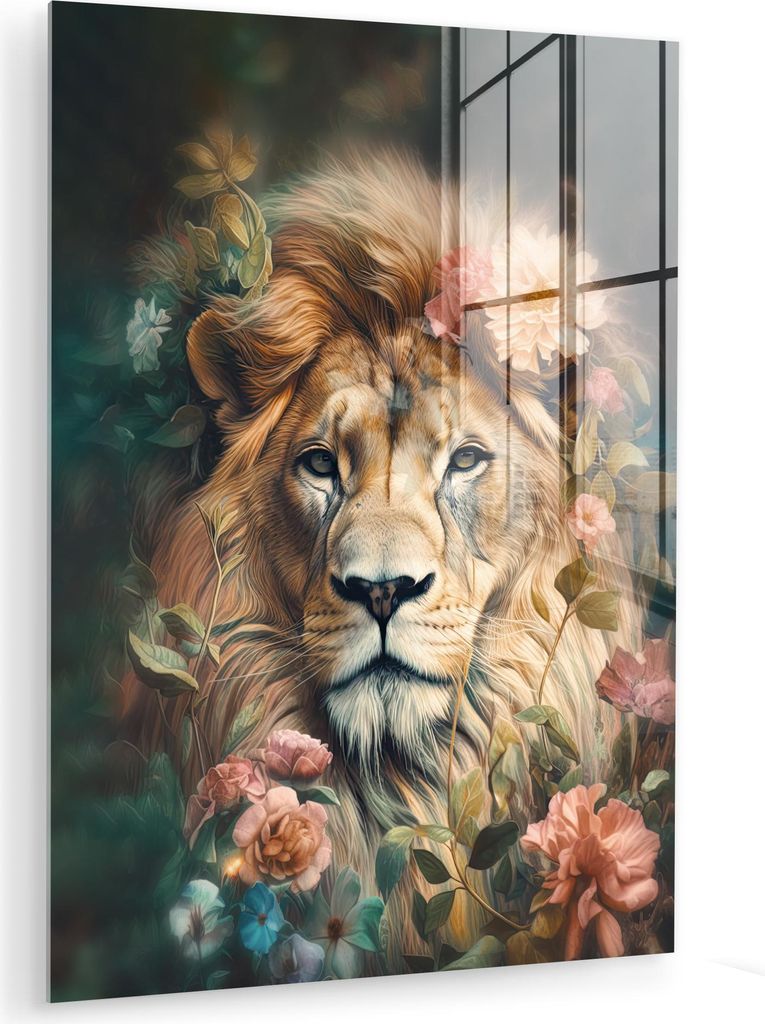 MuchoWow Glasbilder - Bilder auf Wandbild - Foto auf Glas Löwe - Löwenkopf - Wilde Tiere - Blumen 30x40 cm Wanddekoration aus Glas - Acrylglasbil...