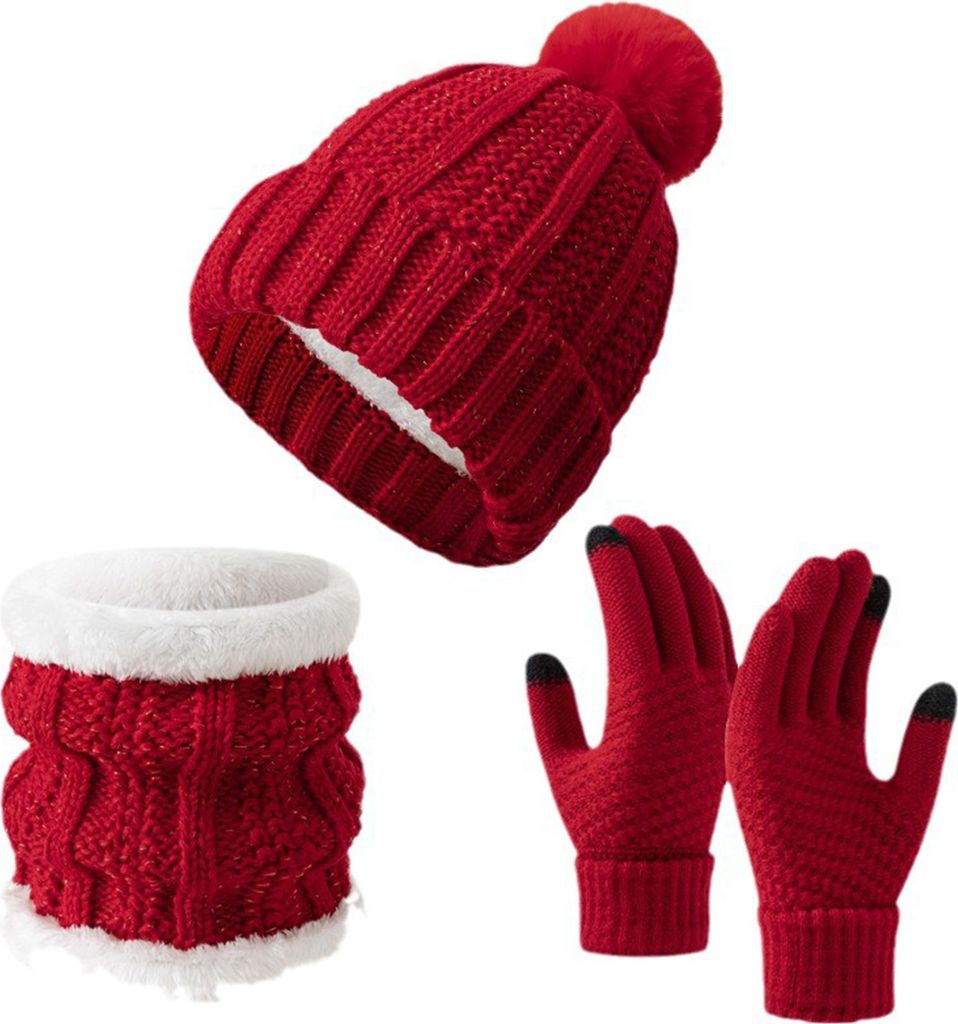 Wintermütze, Schal, Handschuhe-Set, mit Fleece gefütterte Mütze, warmer Halswickel, dick gestrickte Touchscreen-Handschuhe für Männer und Frau...