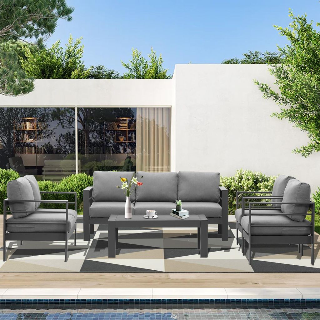 MeXo Gartenmöbelset, Loungeset Aluminium für 6-7 Personen mit Kissen und Couchtisch Indoor Outdoor Balkon grau (Sitzgruppe, Aluminiumrahmen)