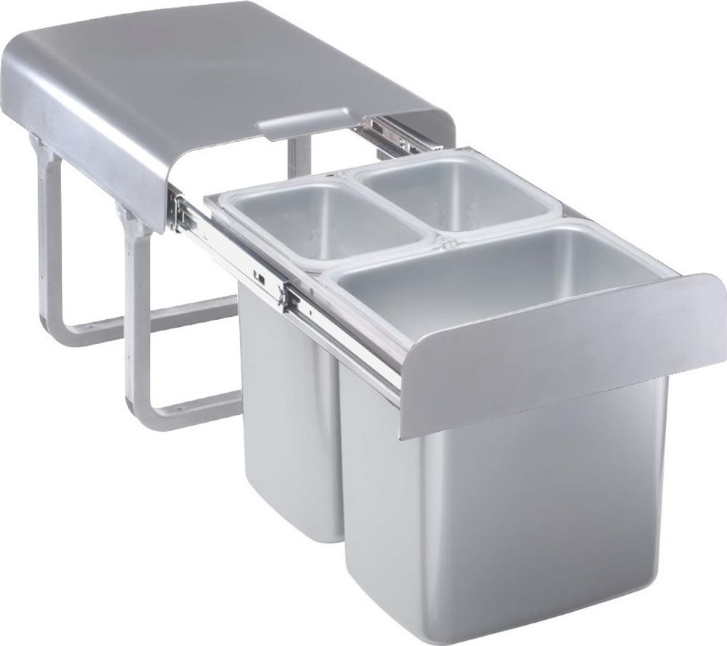 A pull-out trash bin system with two compartments.