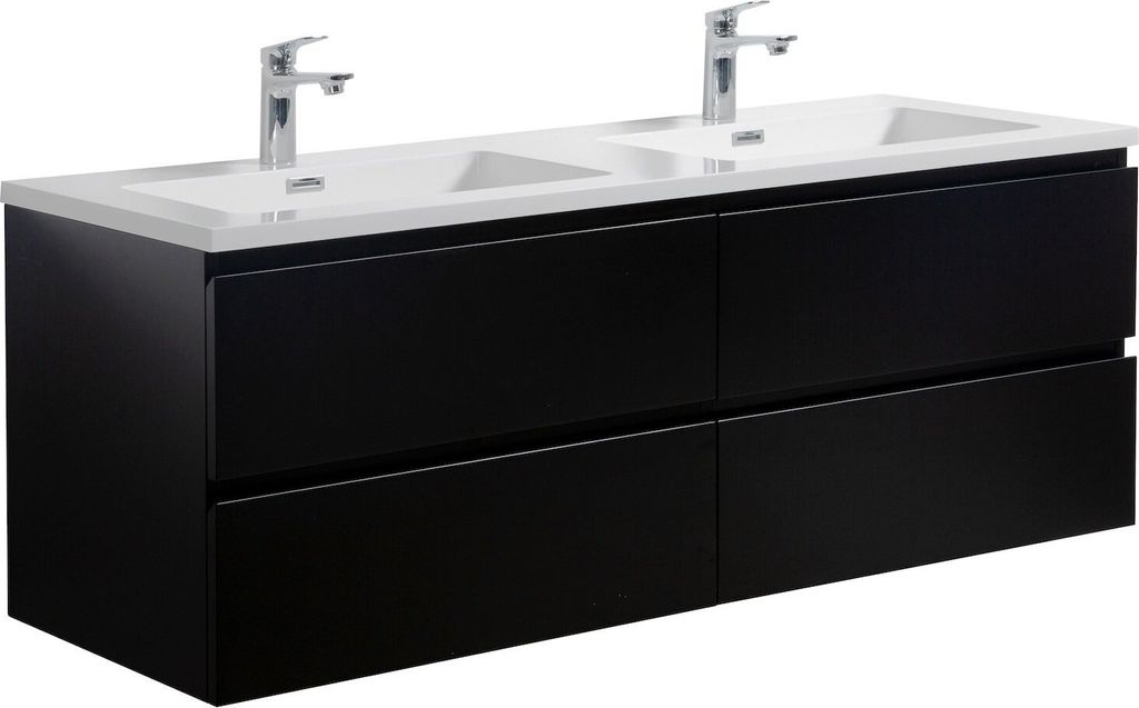 Badplaats Badmöbel Set mit Waschbecken und Unterschrank Angela 140 x 48 cm Schwarz Matt - Waschbeckenunterschrank mit Soft-Close und Doppelwaschbe...