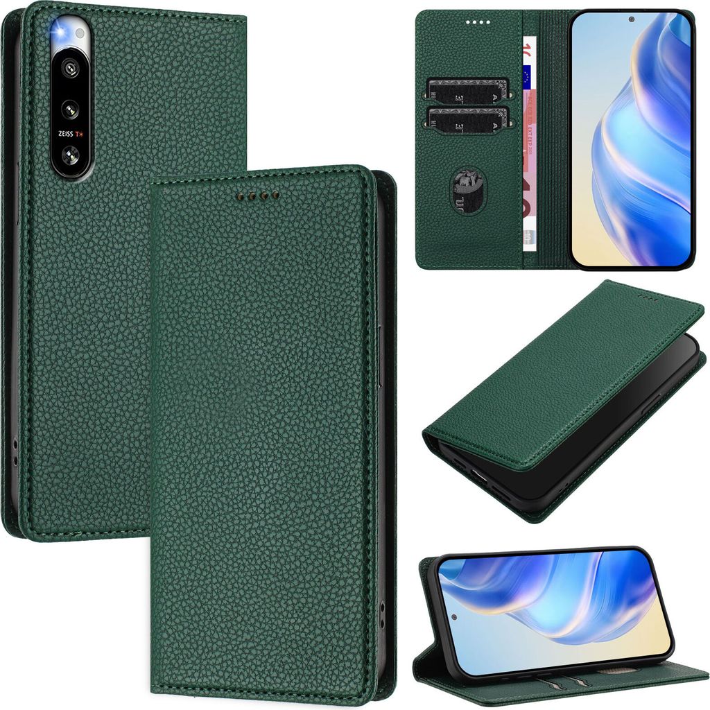 Litchi Leder Handyhülle für Sony Xperia 5 IV Wallet Kartenfächer Standfunktion Hülle Grün