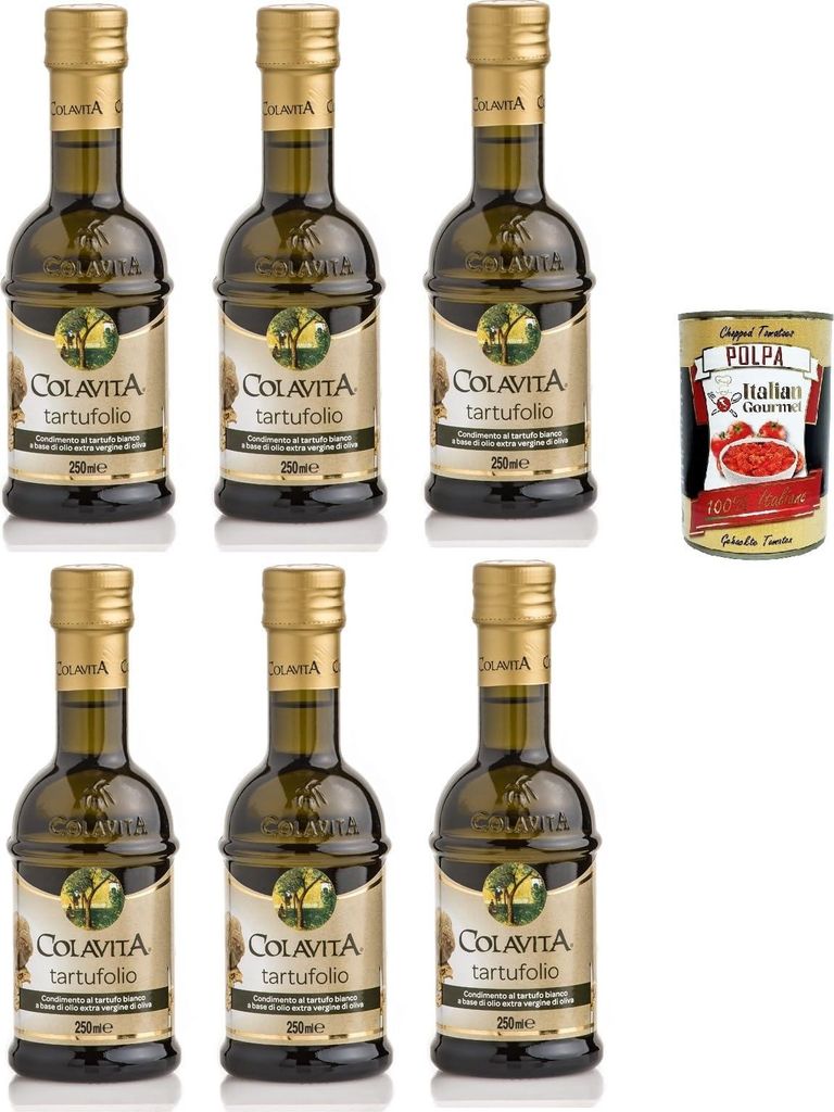 Colavita Aromed Evoo - Tartufolio -Gewürz, weiße Trüffel -Aroma -Olivenöl, 6x 250 ml Glasflasche + Italian Gourmet polpa 400g