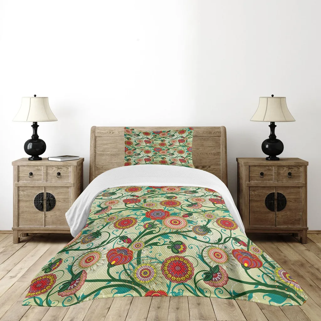 Set copriletto ABAKUHAUS, ispirazioni orientali, composizione floreale vintage, motivi floreali colorati ispirati alla natura, 170 x 220 cm, multicolore