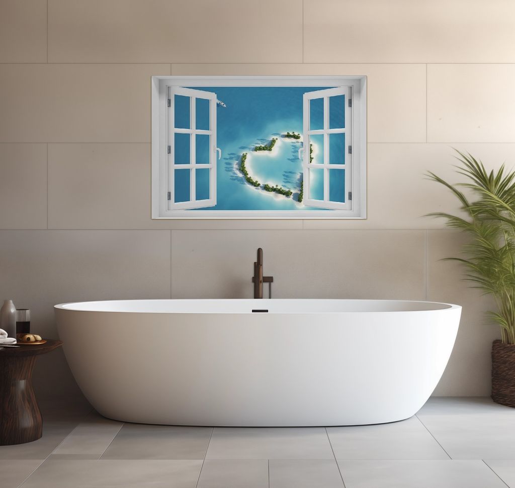 Wallario wasserfestes Poster selbstklebend 91,50 x 61 cm, Insel mit Herz, Badezimmerposter Spritzschutz mit Hochglanzoberfläche in Glasoptik