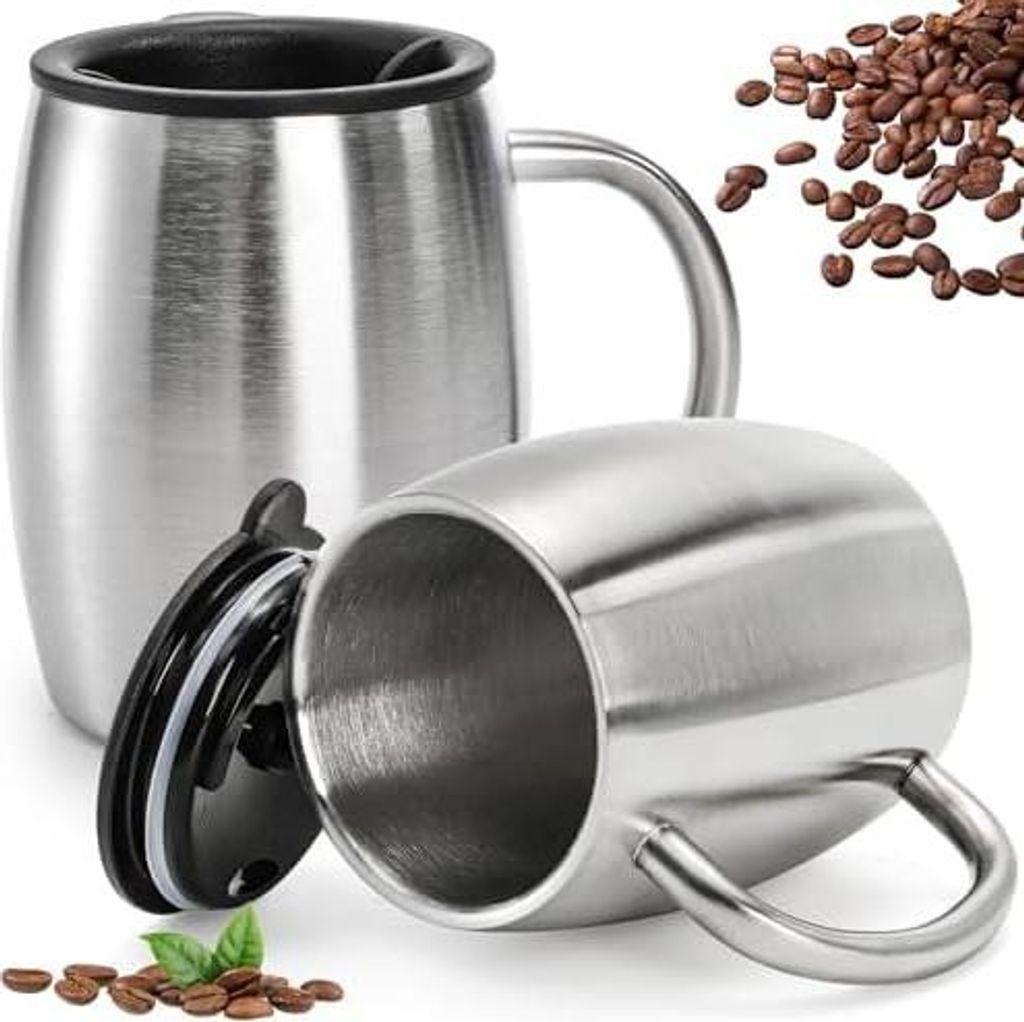 Lawei 2 Stück Edelstahl Kaffeebecher 400ml Campingtasse Isolierbecher Edelstahlbecher Thermobecher Kaffeetasse mit Deckel für Reise Getränke Kaf...