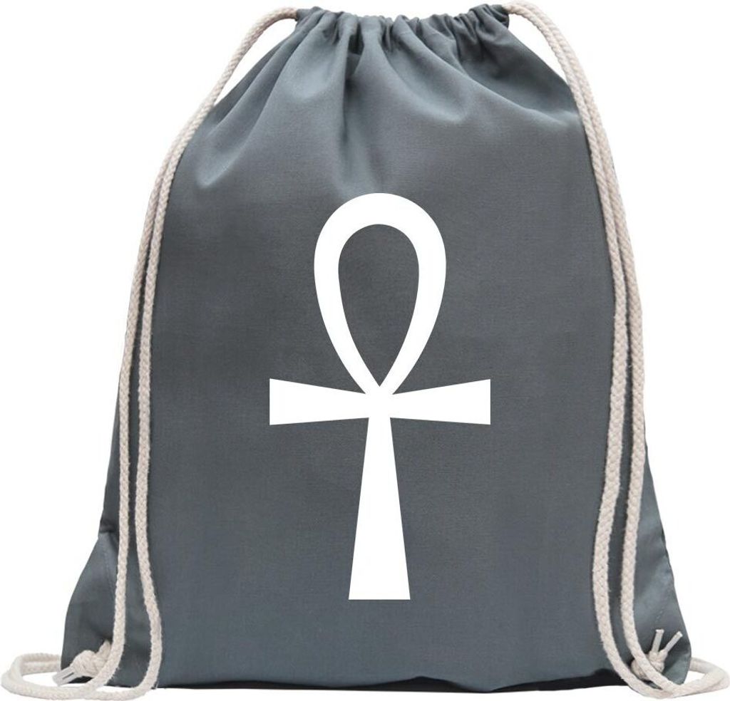 Kiwistar - Turnbeutel - stahlgrau - Ankh Kreuz - Fun Rucksack Sport Beutel Gymsack Baumwolle mit Ziehgurt