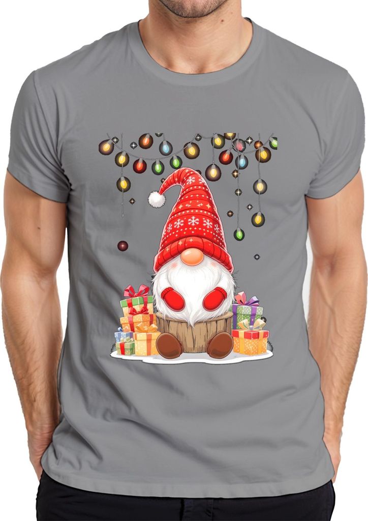 Weihnachtswichtel Gnom rote Mütze Geschenke Lichterkette nordisch Herren T-Shirt, Grau, XL