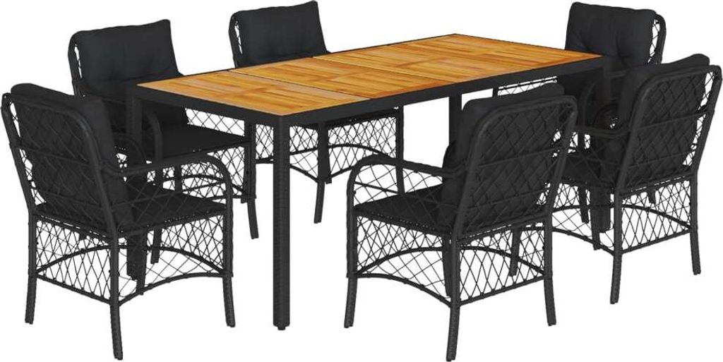 vidaXL 7-tlg. Garten-Essgruppe mit Kissen Schwarz Poly Rattan