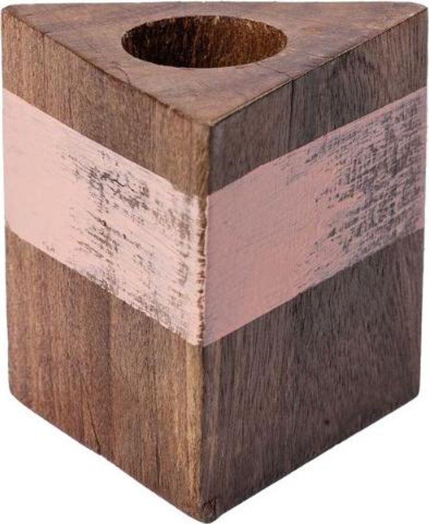 INNA-GLAS Holz Kerzenleuchter KARLINA, dreieckig, für Stabkerzen bis ca. Ø2,5cm, Natur-lachs, 6x6x6cm - Holzleuchter