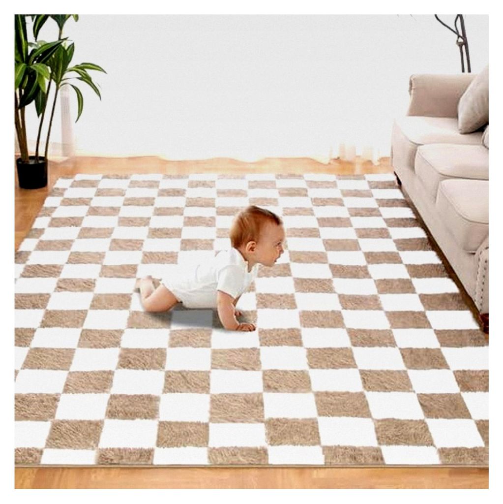 Wohnzimmerteppich mit flauschigem Schachbrettmuster, Hochflor Teppich für Schlafzimmer, Kinderzimmer, Bettvorleger Matte, 120x170cm, Beige und Weiß