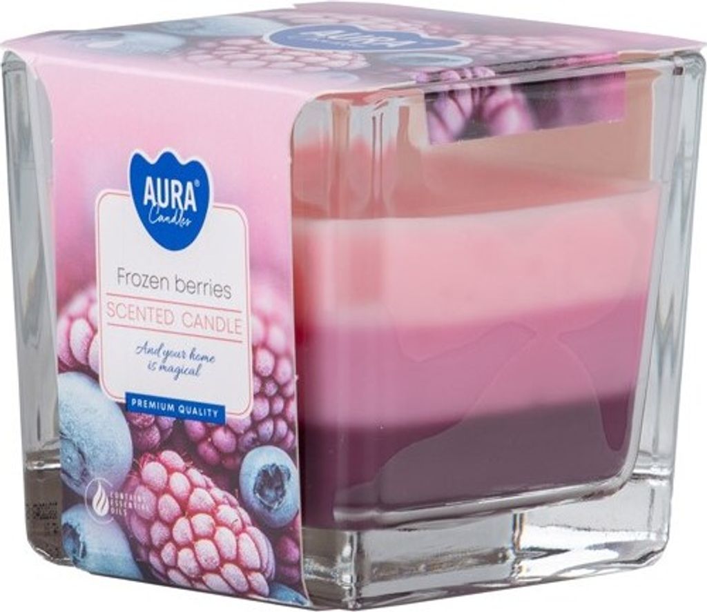 A scented candle with a gradient of pink and purple colors, packaged in a clear glass container with a decorative label.